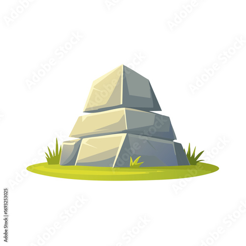 Cartoon Stacked Stone Structure with Green Grass Landscape