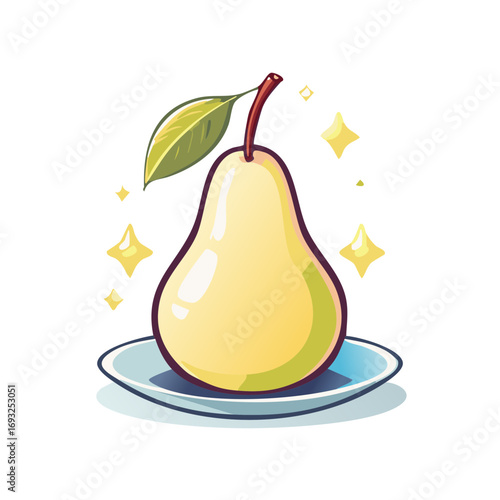 Cartoon style pear on blue plate with leaf and yellow stars, still life illustration