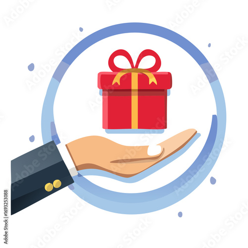 Business hand offering a red gift box icon for a corporate rewards program concept