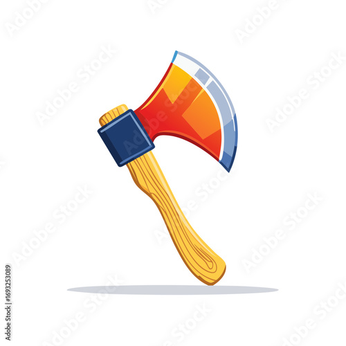 A vibrant cartoon illustration of a woodcutter's axe with a shiny metal blade