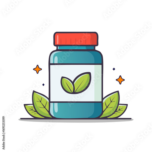 Herbal medicine bottle with leaves and stars, nature concept, cartoon illustration