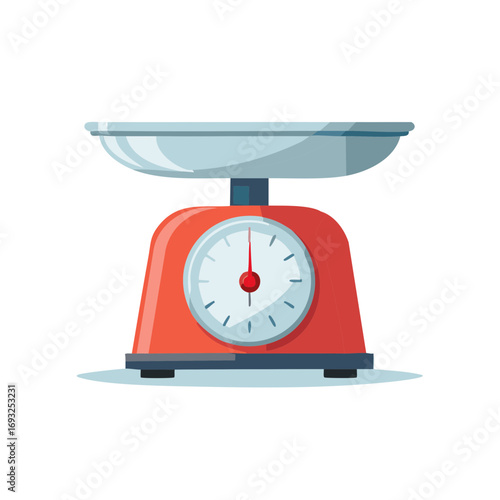 Red kitchen scale with circular dial and grey metal pan for food preparation