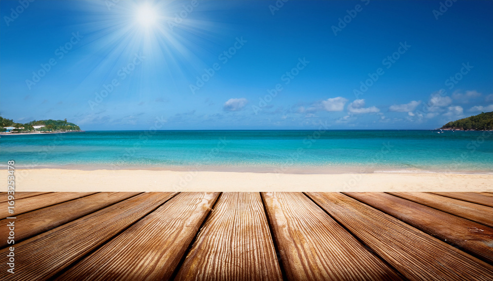 Fototapeta premium Empty Wooden Table On Beach Sunny Day