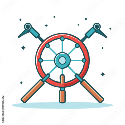 Vibrant stylized ship's wheel icon with crossed fishing rods and sparkling elements celebrating marine adventure