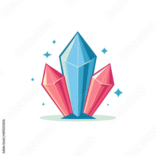 Colorful crystal cluster illustration with sparkling star accents, gemstone concept