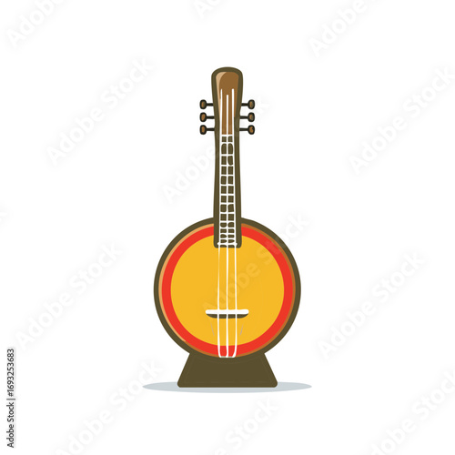 Isolated illustration of a banjo with yellow resonator, dark brown neck, and red rim on a white background