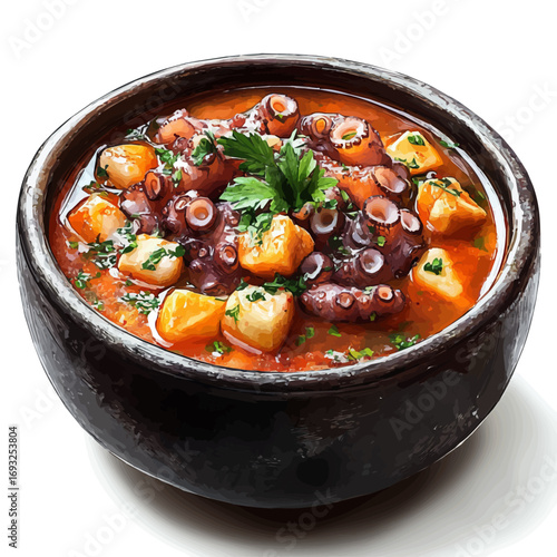 Octopus Stew, watercolor illustration vector, isolated on a white background.