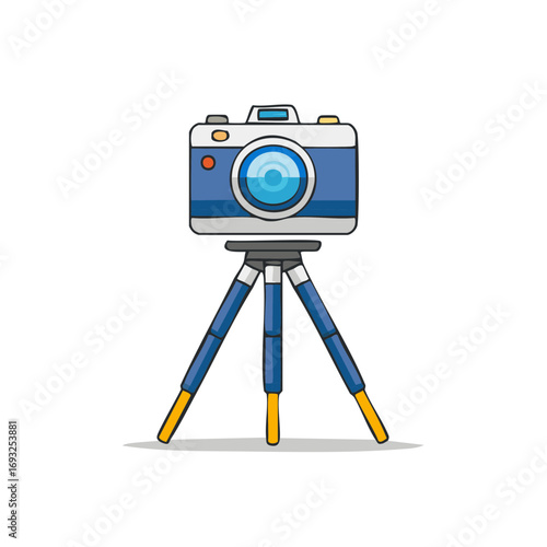 A blue cartoon camera sits on a small tripod with blue legs and yellow feet