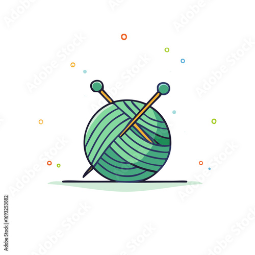 Vibrant green yarn ball with yellow knitting needles for craft hobby illustration
