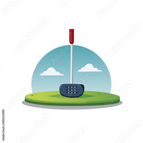 Golf putter club on a putting green under a blue sky minimalist vector illustration