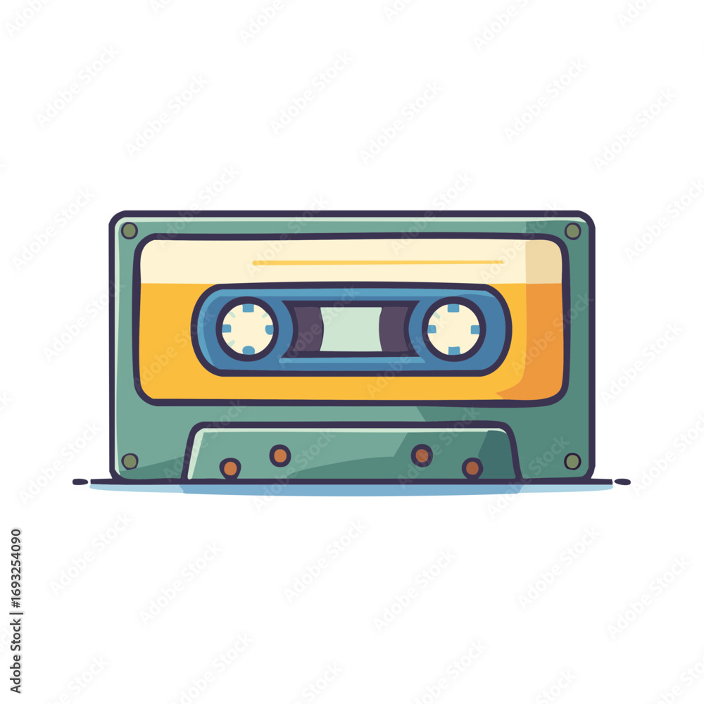 Fototapeta premium Retro audio cassette tape with orange and blue details presented horizontally