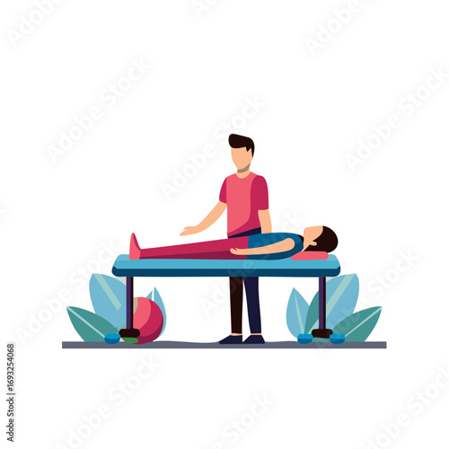 Therapist assisting patient lying on therapy table with plants and therapy ball