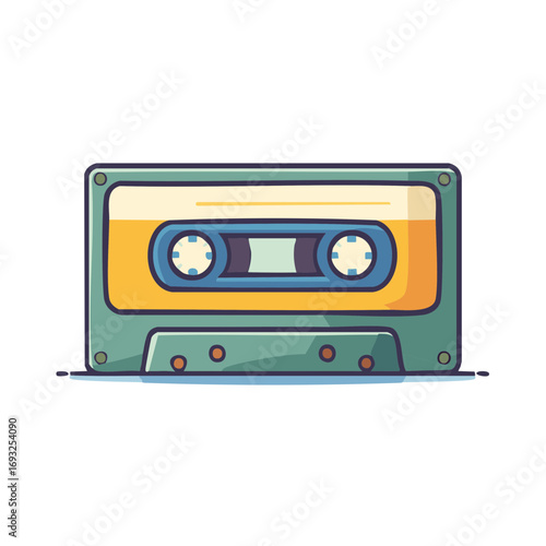 Retro audio cassette tape with orange and blue details presented horizontally