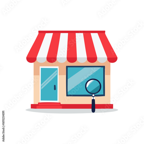Searching Storefront with Magnifying Glass, Window, Red and White Awning