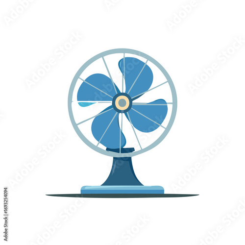 Illustration of a Small Blue Electric Fan with a Round Metal Frame on White