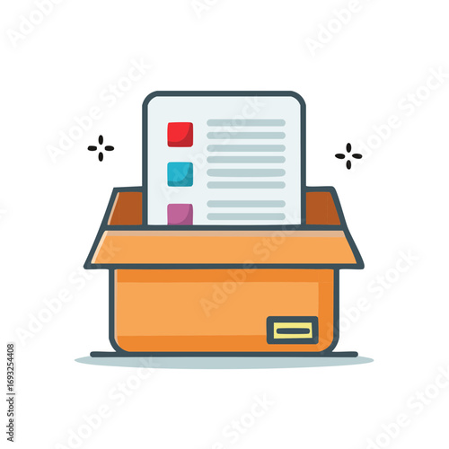 Organized document with a feature list or checklist coming out of an open box vector icon