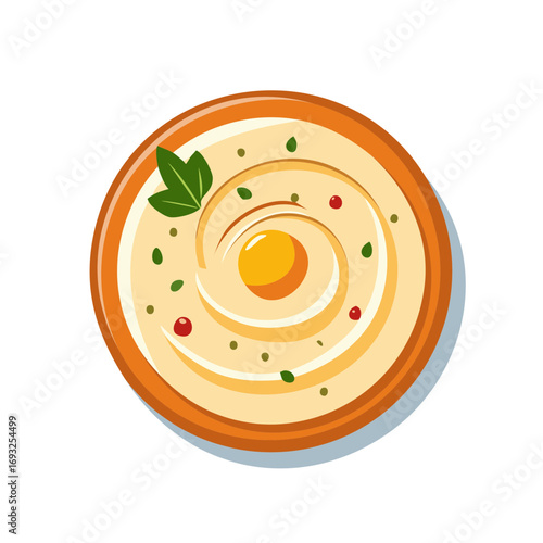 Illustration of a bowl of hummus with an egg and garnish