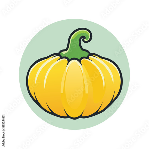 Stylized Yellow Pumpkin with Green Stem on Circle, Fall Harvest Vector
