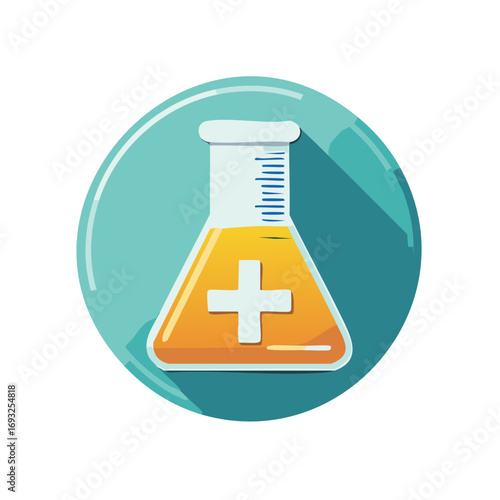 Medical flask with a cross symbol representing healthcare and scientific research and development.