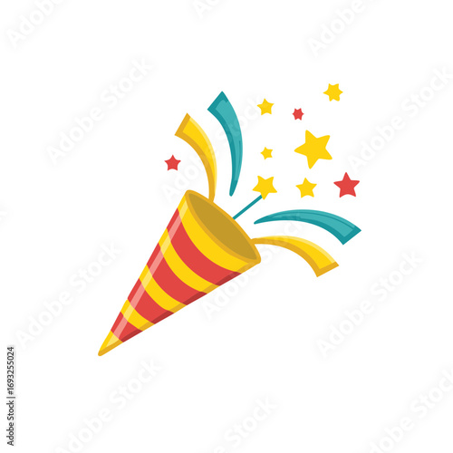 Festive striped party popper exploding with colorful confetti and stars illustration