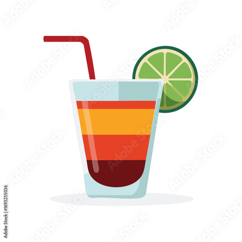 Colorful layered cocktail with lime and straw illustration