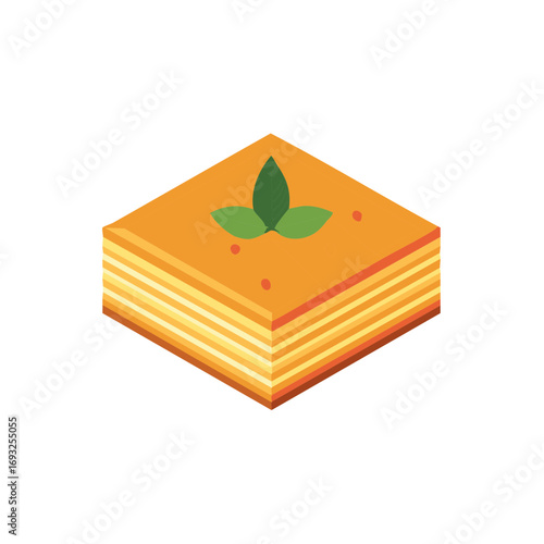 Isometric Illustration of Layered Pastry with Leaf Garnishing Sweet Food Treat Pastry Goodness