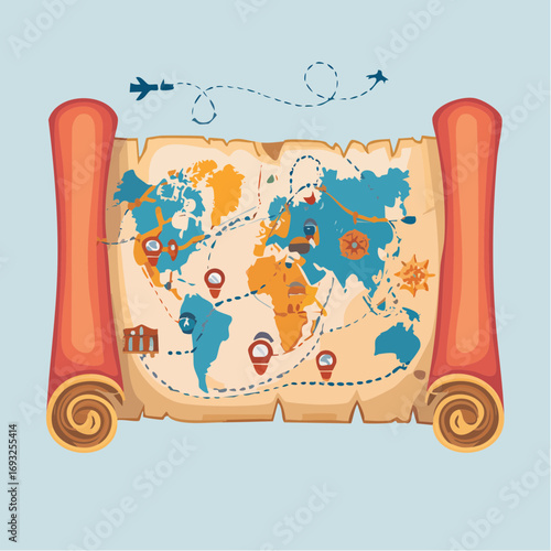 Vintage World Map On Ancient Scroll