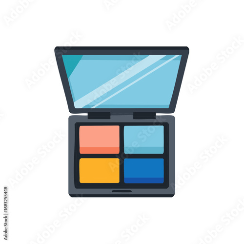 Open makeup palette with four colorful eyeshadow shades and mirror