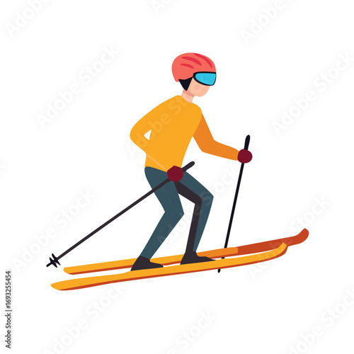 Person skiing downhill wearing helmet and goggles, holding ski poles, active winter sport illustration