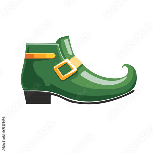 Green cartoon shoe with curled toe and gold buckle for folklore character