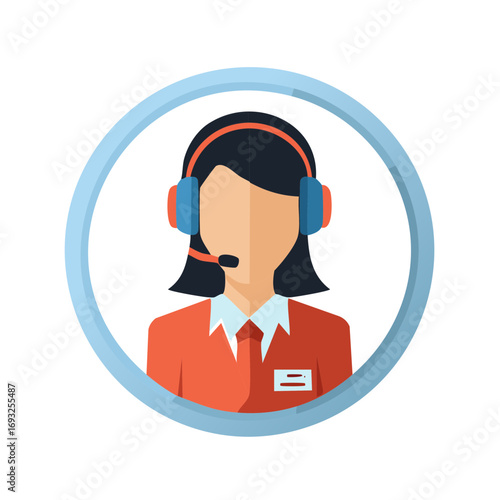 Illustration of a customer service representative with headset and name tag in a circle