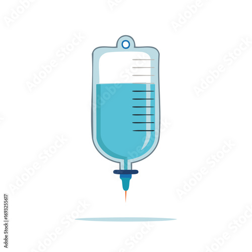 Medical IV Drip Infusion Bag Filled with Blue Fluid with Needle Isolated on White Background