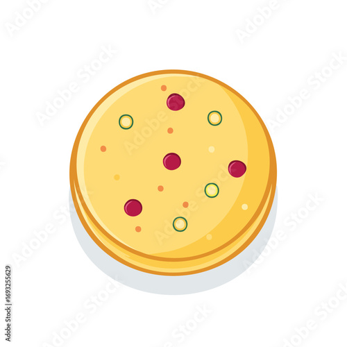 Round yellow pancake with colorful dots and rings, abstract vector illustration for food design