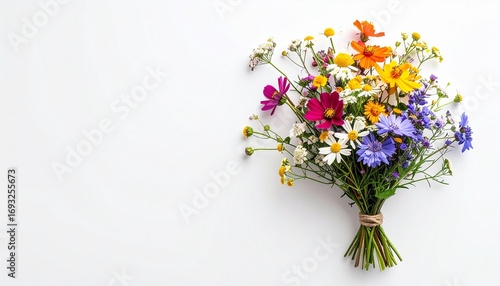 Vibrant Wildflower Bouquet Flat Lay on White Background. Fresh Rustic Floral Arrangement