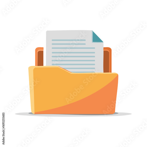 Flat design vector icon of a folder with a paper document for office organization and data storage
