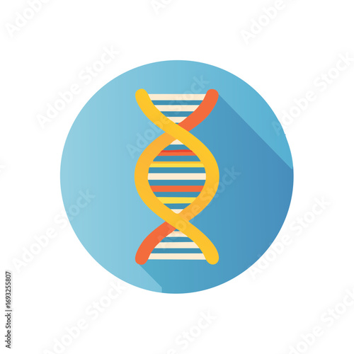 DNA helix icon in a blue circle with long shadow, concept of biology and medicine