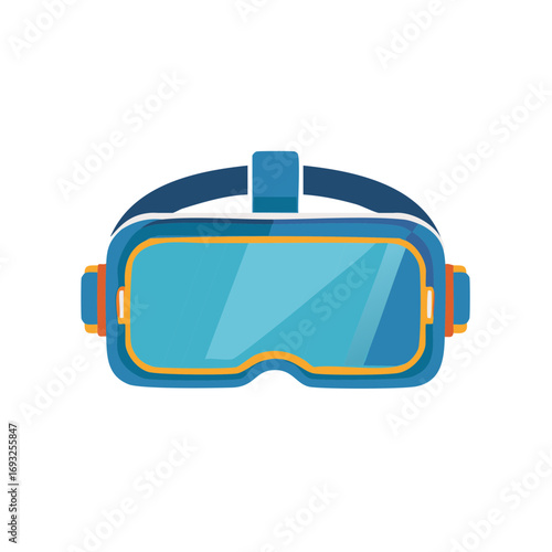 Immersive virtual reality headset in a vibrant blue and orange flat design illustration for digital experiences