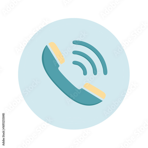 Icon of a retro phone emitting call signal in a light blue circle.