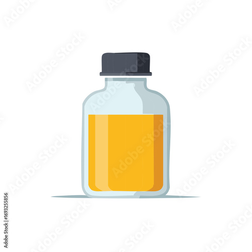 Small glass medicine bottle with yellow orange liquid or syrup vector icon