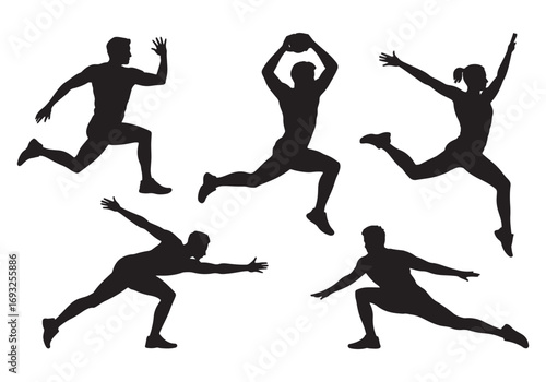 Dynamic silhouettes of athletes in action capturing various sports movements and poses white background