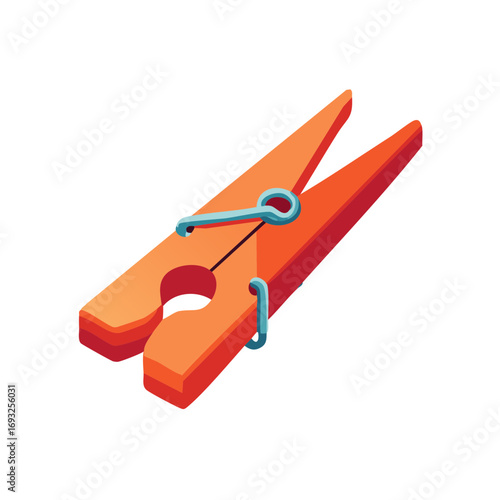 Orange wooden clothespin with metal spring isometric vector illustration