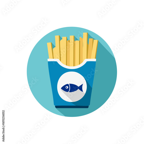 French fries and fish icon representing fish and chips fast food flat design long shadow graphic