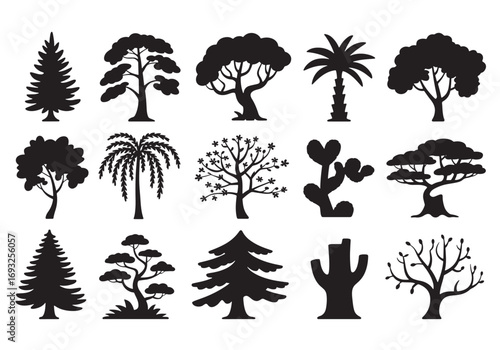 Diverse silhouettes of various trees and cacti set for design elements white background