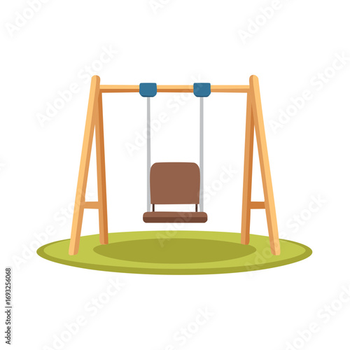 Simple wooden swing set on a patch of green grass flat vector illustration for childhood play and recreation