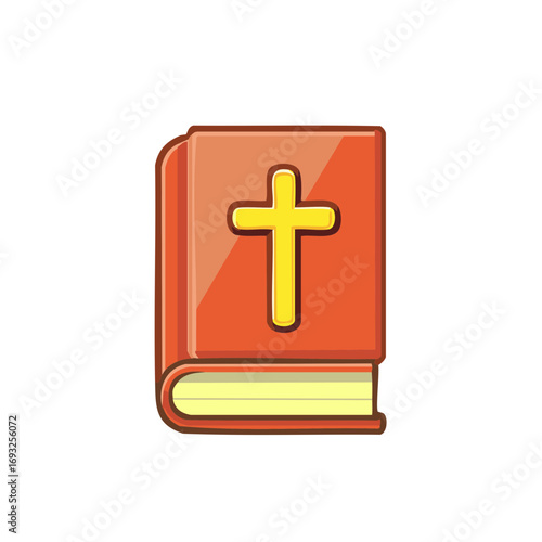 Cartoon illustration of a closed holy book with a cross symbol on the cover