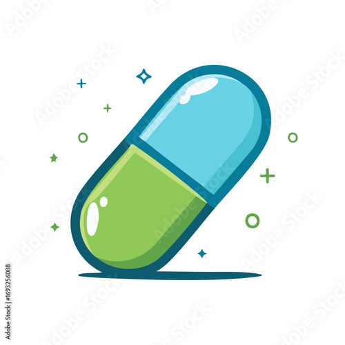 Vivid Blue and Green Capsule Medication Illustration with Geometric Accents