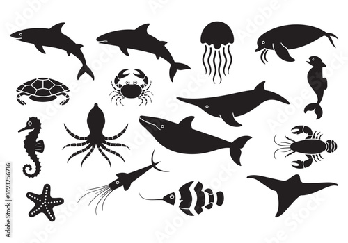 Diverse silhouette collection of marine animals and sea creatures aquatic life forms white background