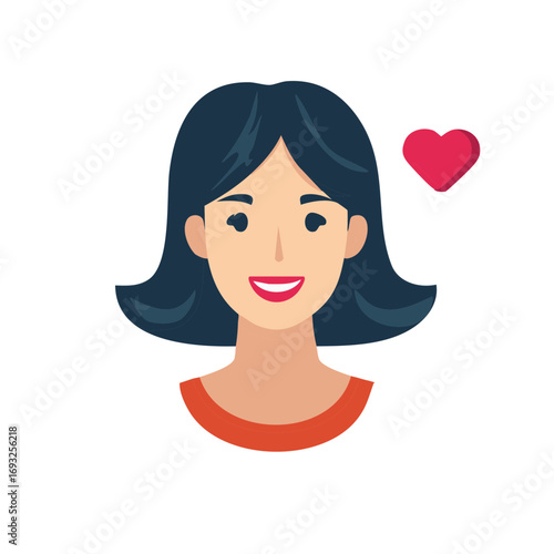 Smiling woman with dark hair and a red heart symbol above her head