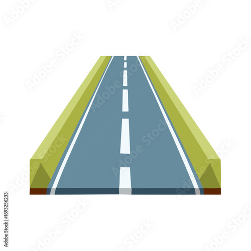 Perspective View of Long Blue Road with White Lines and Green Sides, Traffic Design