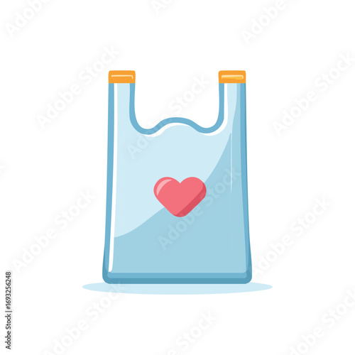 Simple light blue plastic shopping bag with a red heart emblem and orange handles